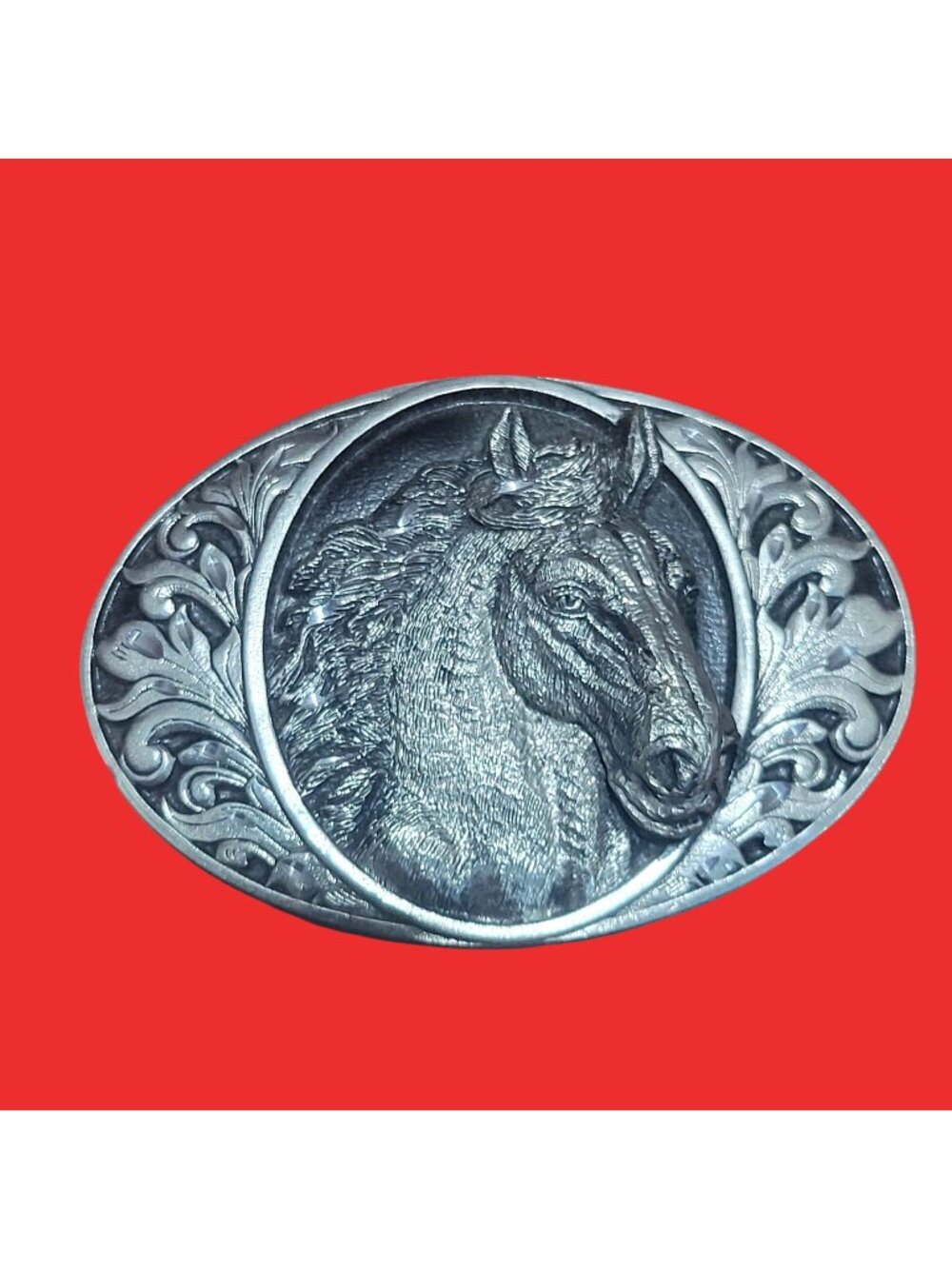 Vintage 1993 Bergamot Pewter Horse Belt Buckle Western Scroll Filigree I-76 USA